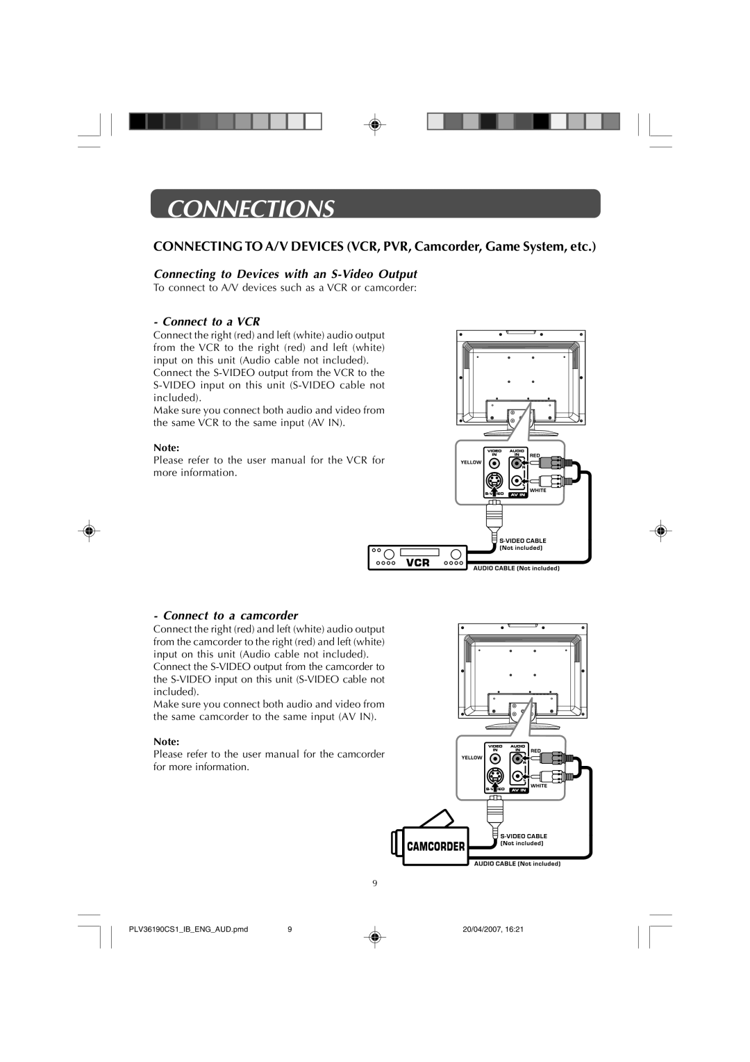 Audiovox FPE1907 owner manual Connecting to Devices with an S-Video Output, Connect to a VCR, Connect to a camcorder 