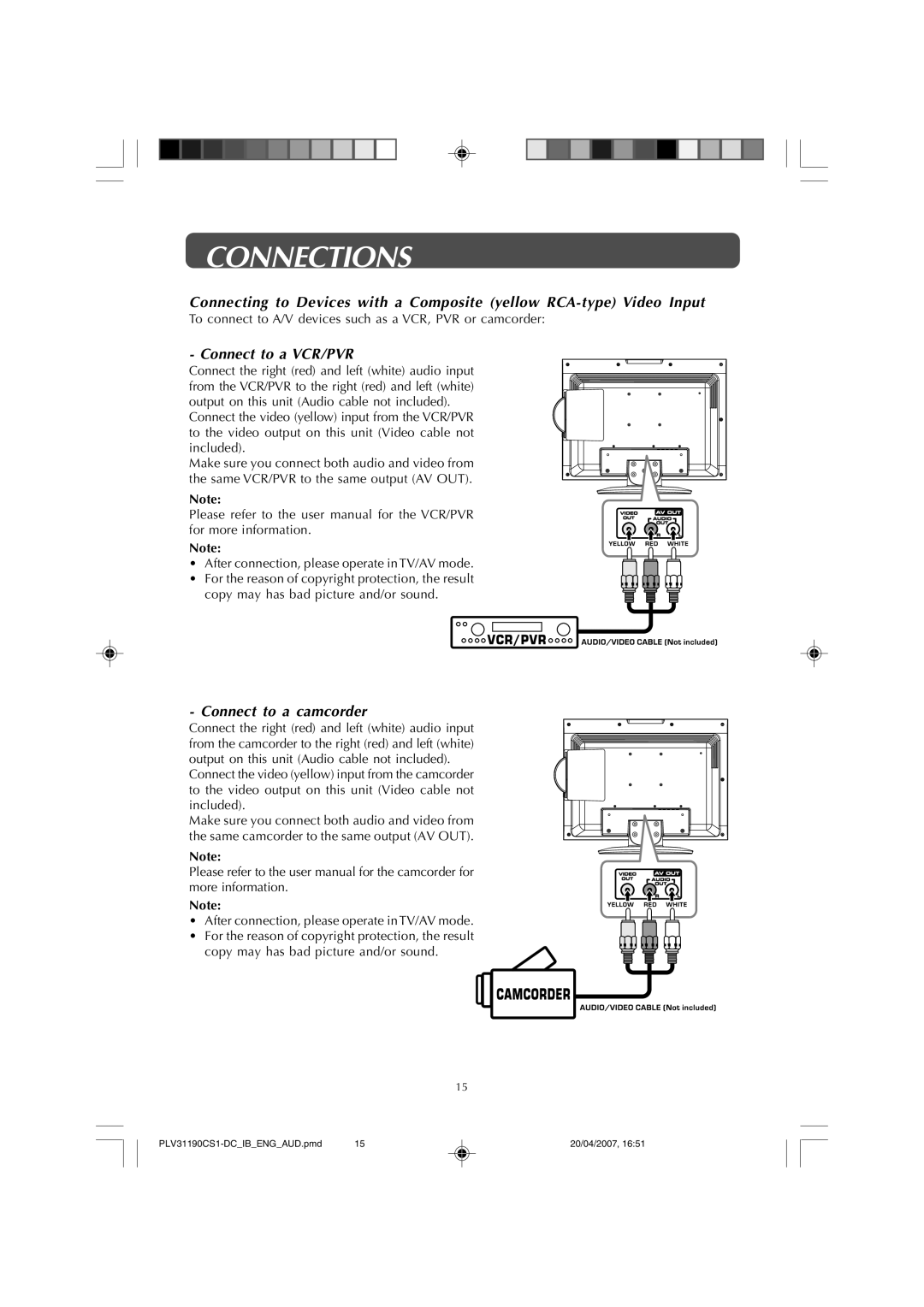 Audiovox FPE1907DV owner manual Connect to a VCR/PVR 