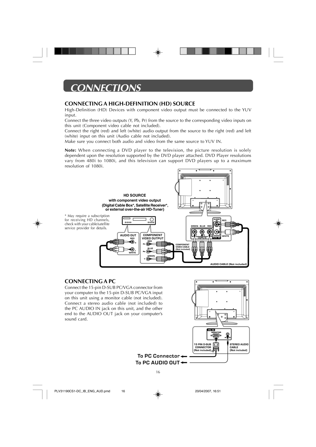 Audiovox FPE1907DV owner manual Connecting a HIGH-DEFINITION HD Source, Connecting a PC 