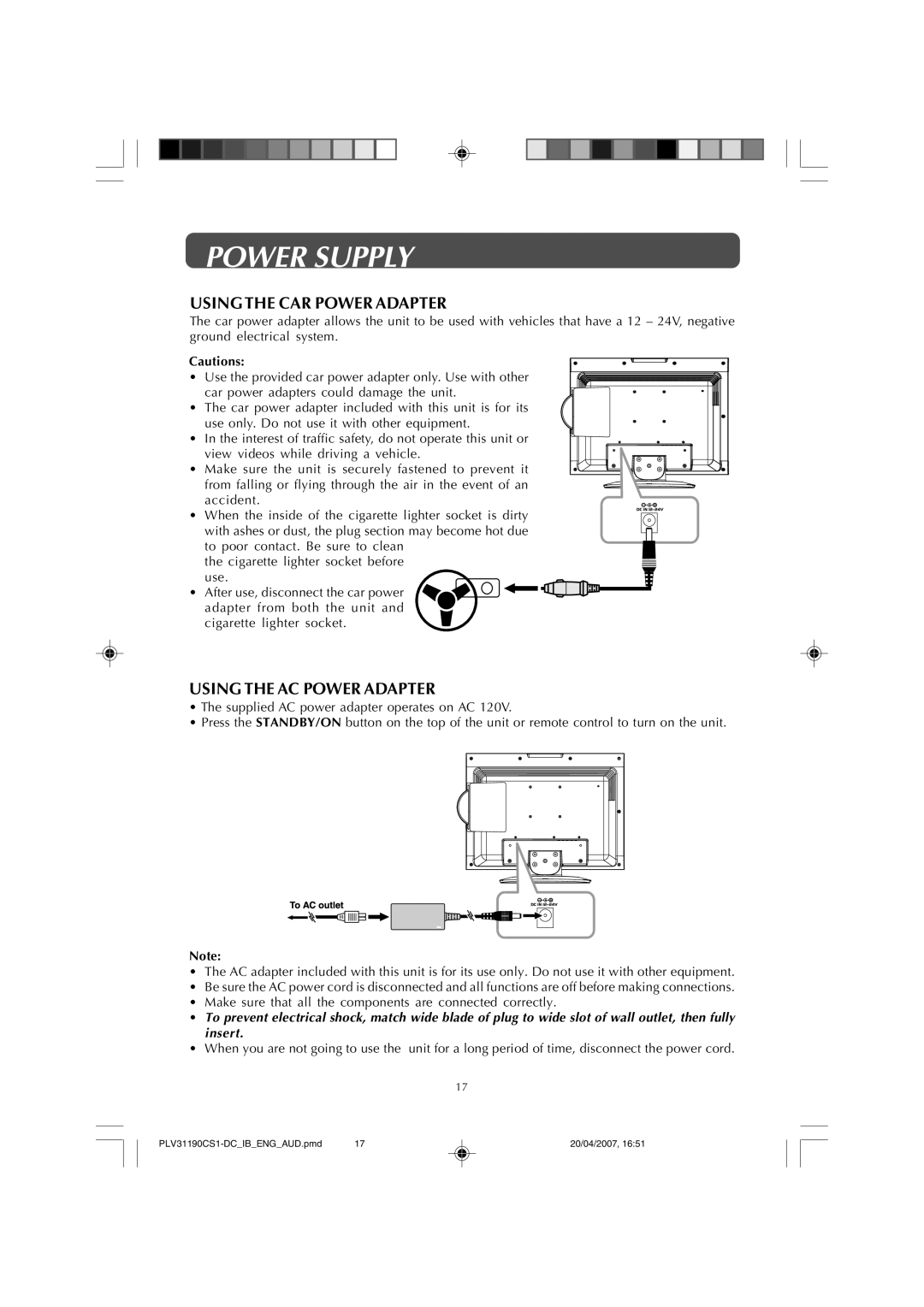 Audiovox FPE1907DV owner manual Power Supply, Using the CAR Power Adapter, Using the AC Power Adapter 