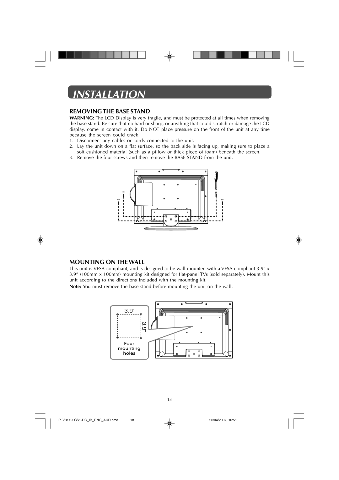 Audiovox FPE1907DV owner manual Installation, Removing the Base Stand, Mounting on the Wall 