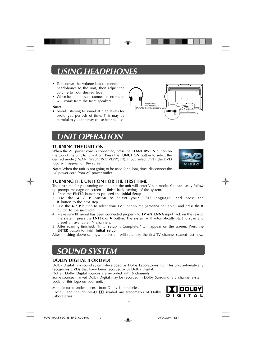 Audiovox FPE1907DV owner manual Using Headphones, Unit Operation, Sound System 