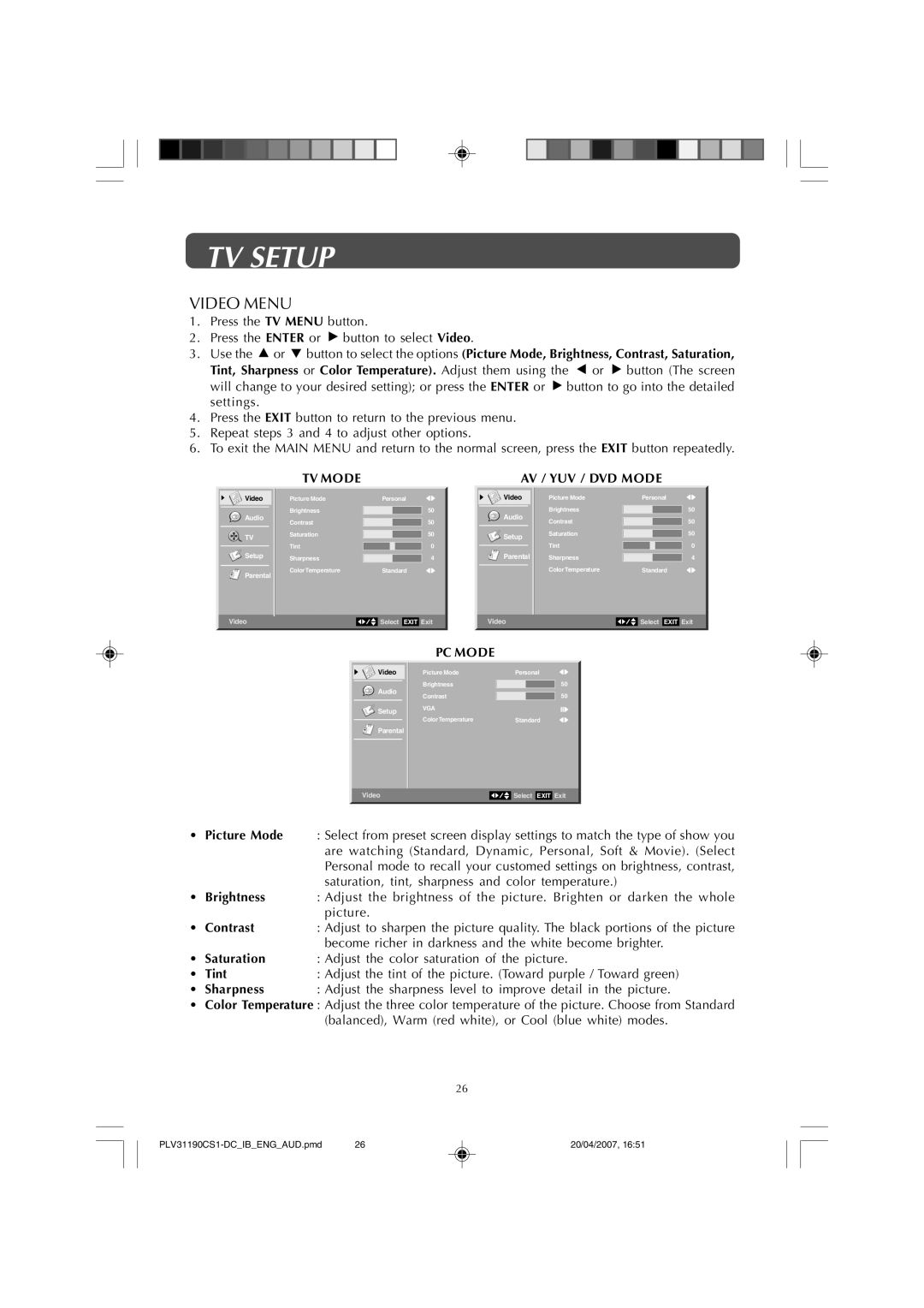 Audiovox FPE1907DV owner manual TV Setup, AV / YUV / DVD Mode, PC Mode 