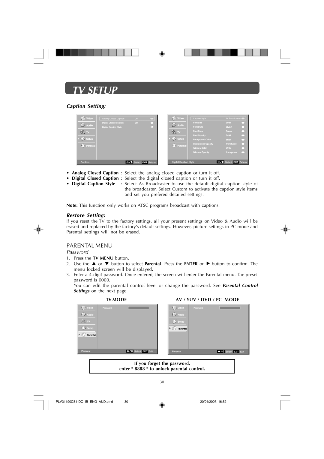 Audiovox FPE1907DV owner manual Caption Setting, Restore Setting, TV Mode 