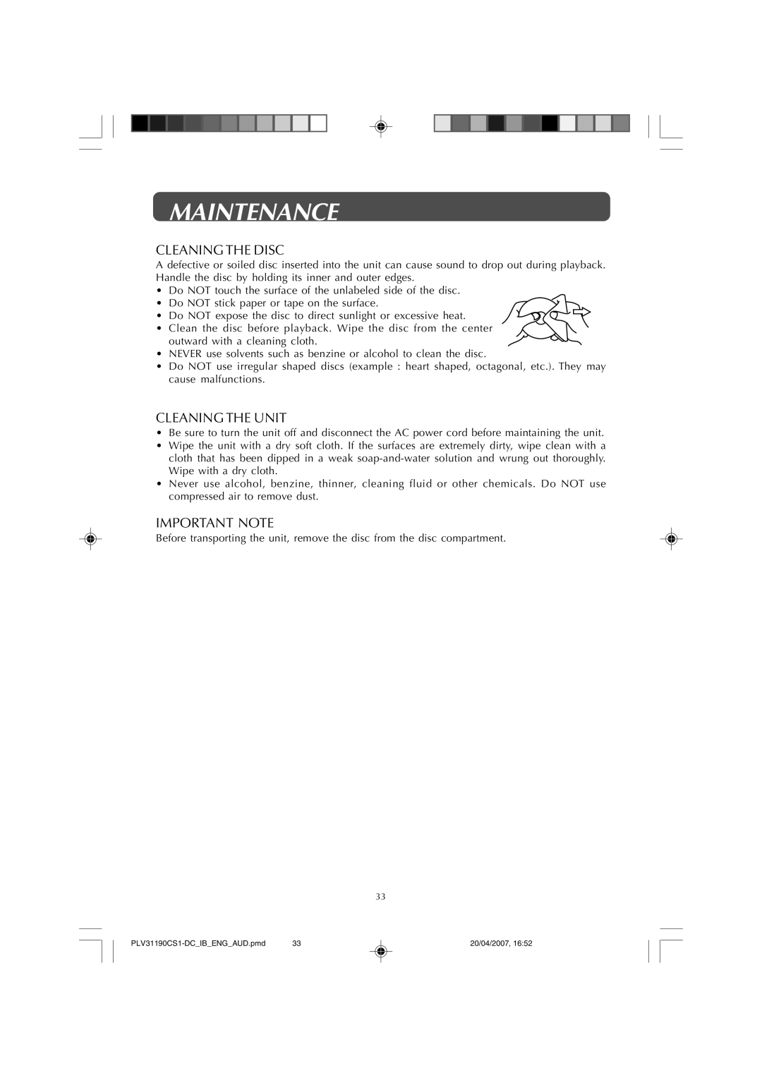 Audiovox FPE1907DV owner manual Maintenance, Cleaning the Disc 