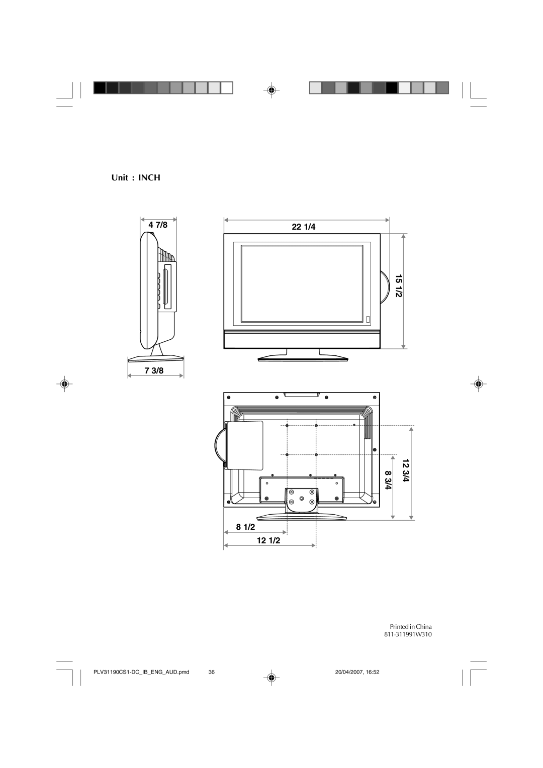 Audiovox FPE1907DV owner manual Unit Inch 