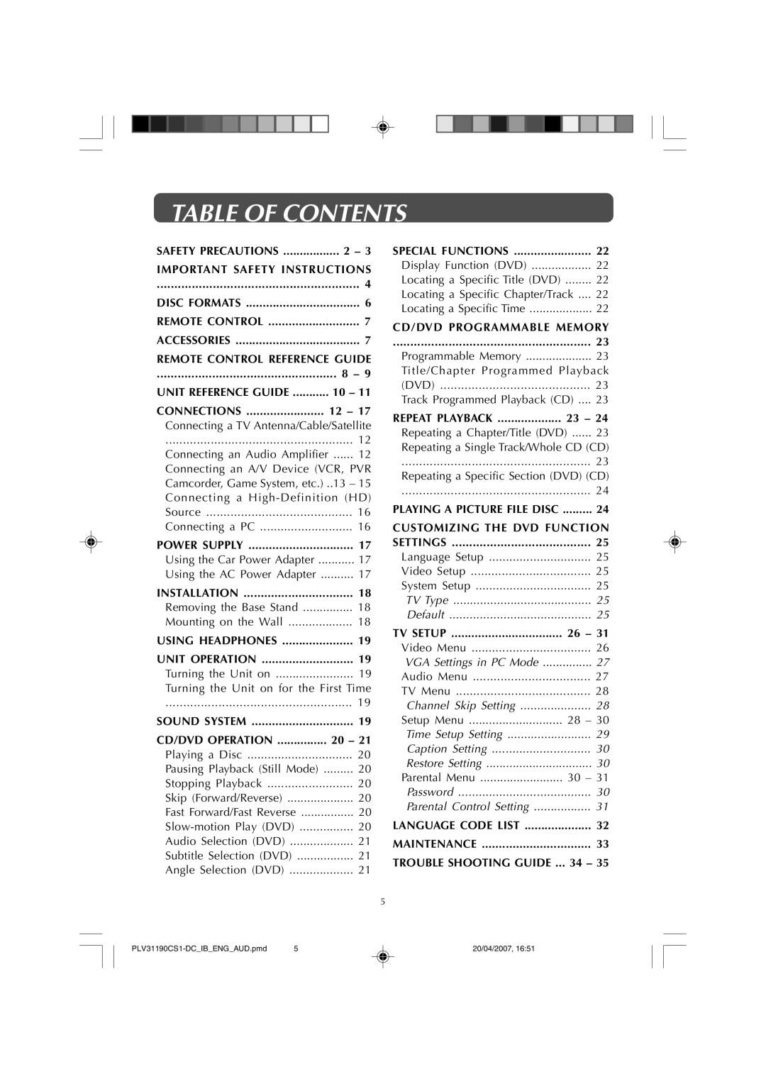 Audiovox FPE1907DV owner manual Table of Contents 