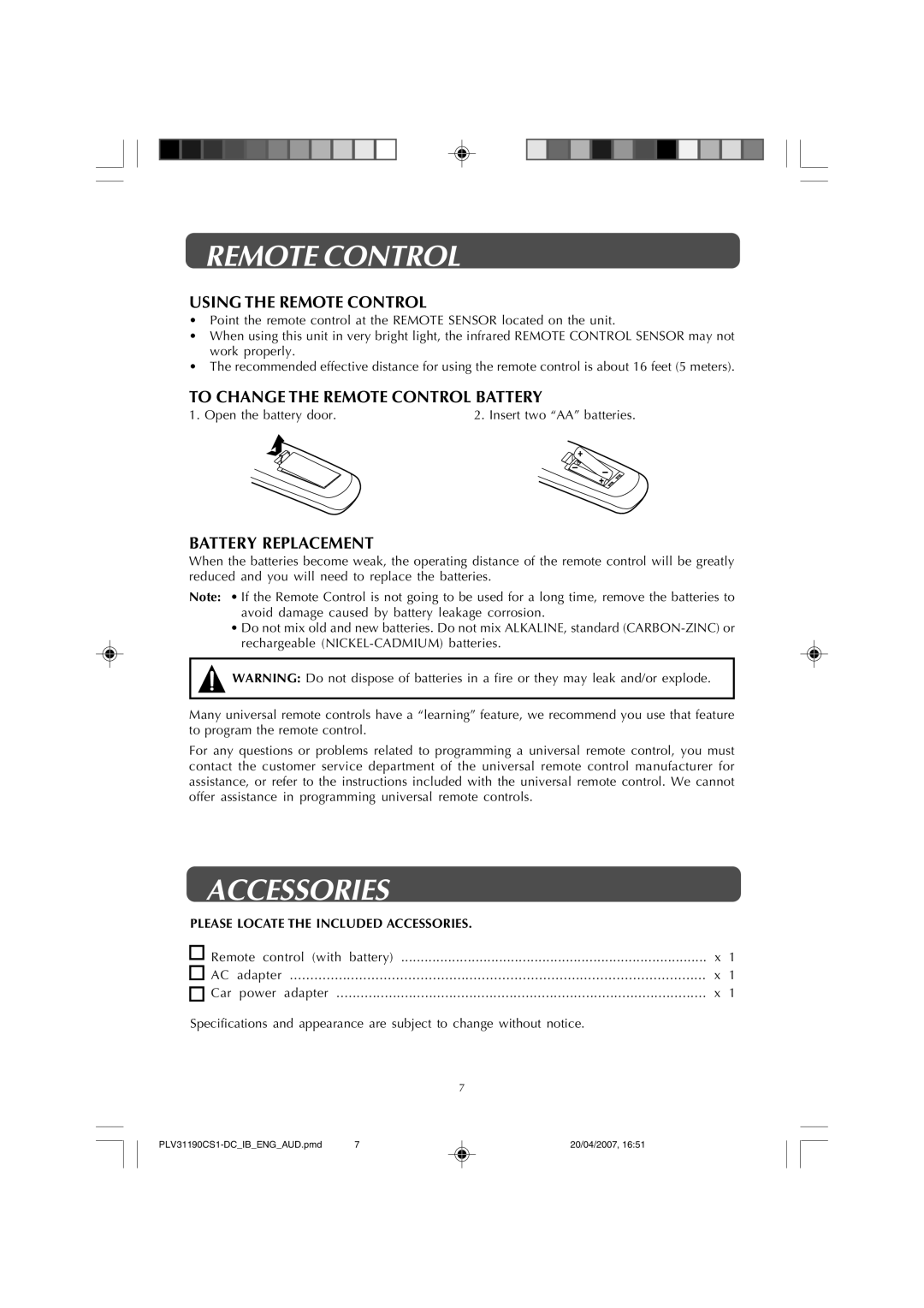 Audiovox FPE1907DV Accessories, Using the Remote Control, To Change the Remote Control Battery, Battery Replacement 