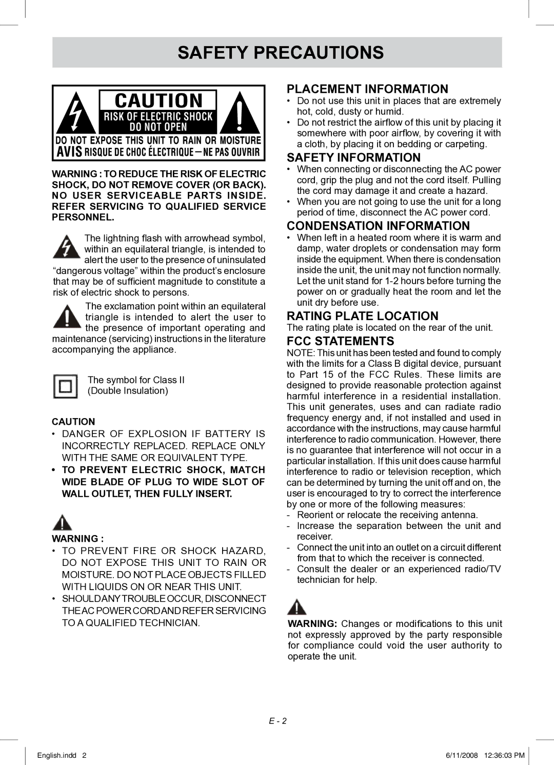 Audiovox FPE1908 owner manual Safety Precautions 