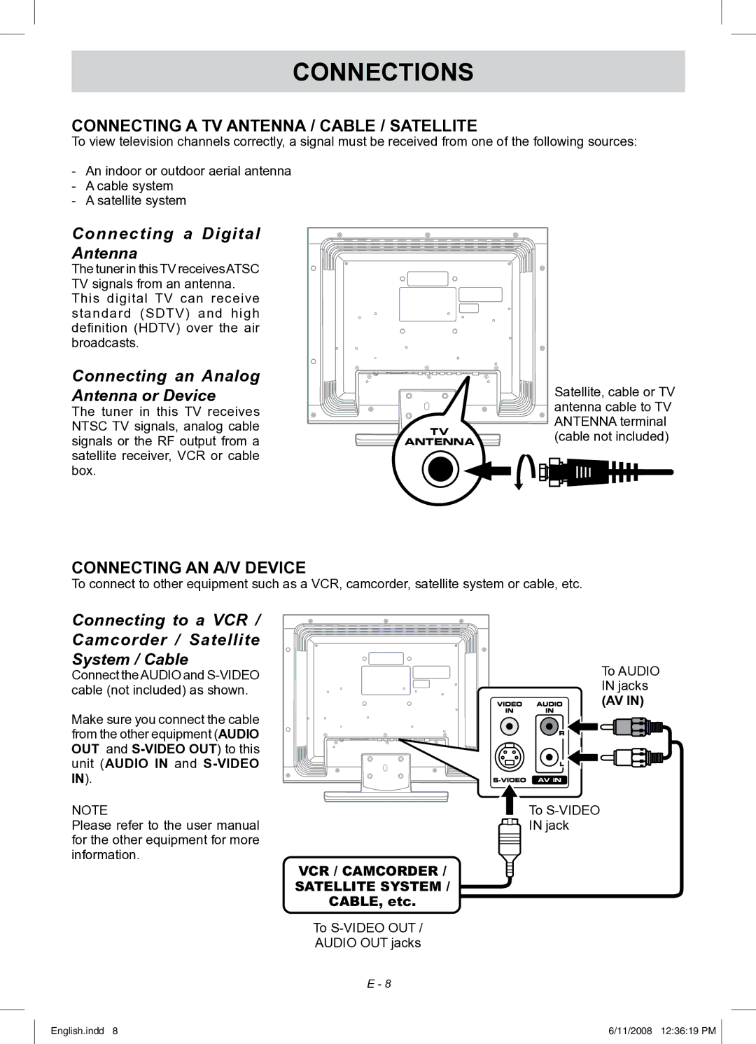 Audiovox FPE1908 Connections, Connecting a TV Antenna / Cable / Satellite, Connecting AN A/V Device, CABLE, etc 