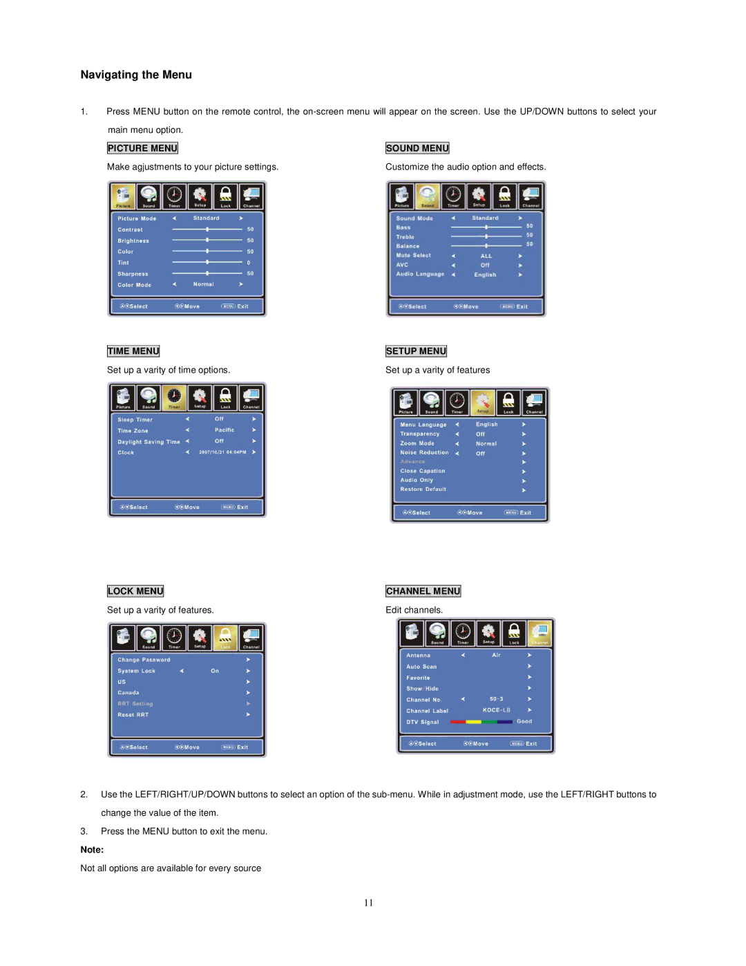 Audiovox FPE1909DVDC manual Navigating the Menu, Set up a varity of time options, Set up a varity of features Edit channels 