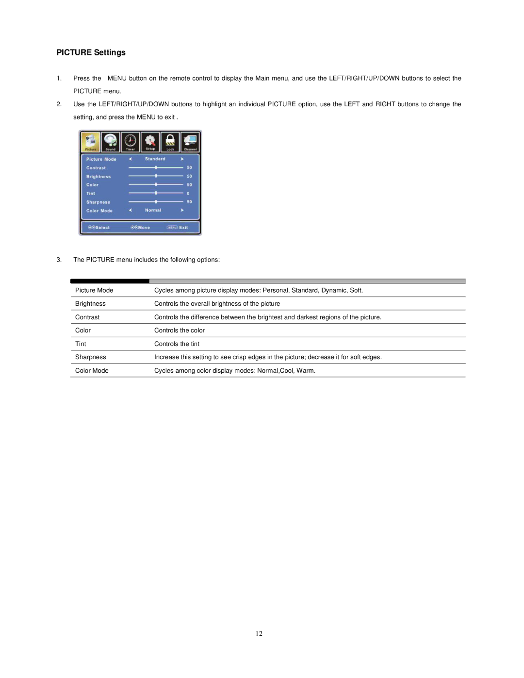 Audiovox FPE1909DVDC manual Picture Settings 