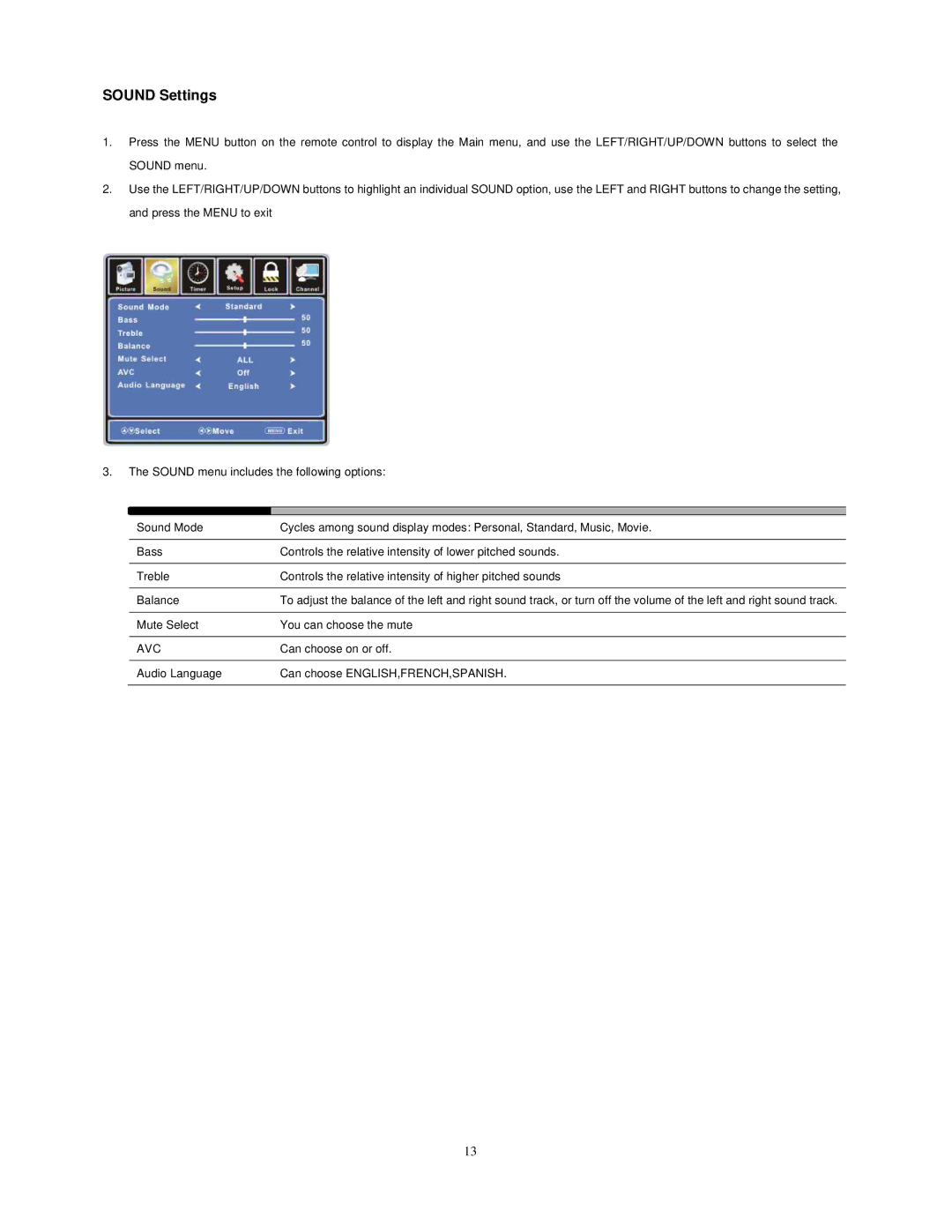 Audiovox FPE1909DVDC manual Sound Settings 