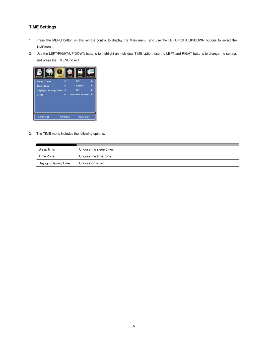 Audiovox FPE1909DVDC manual Time Settings 