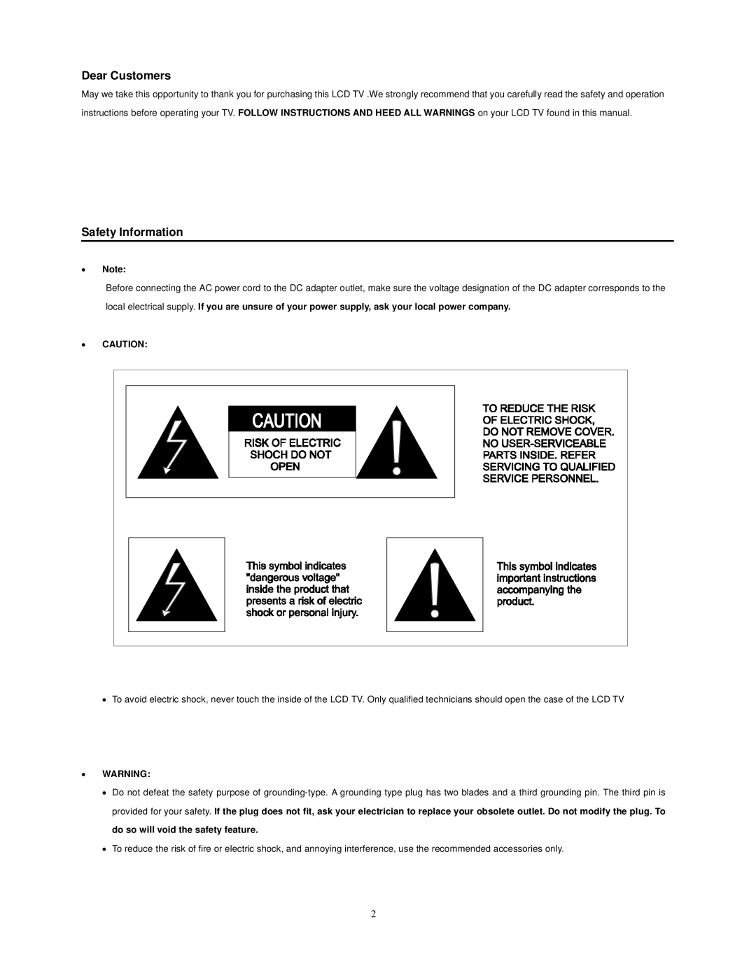 Audiovox FPE1909DVDC manual Dear Customers, Safety Information,  Note 