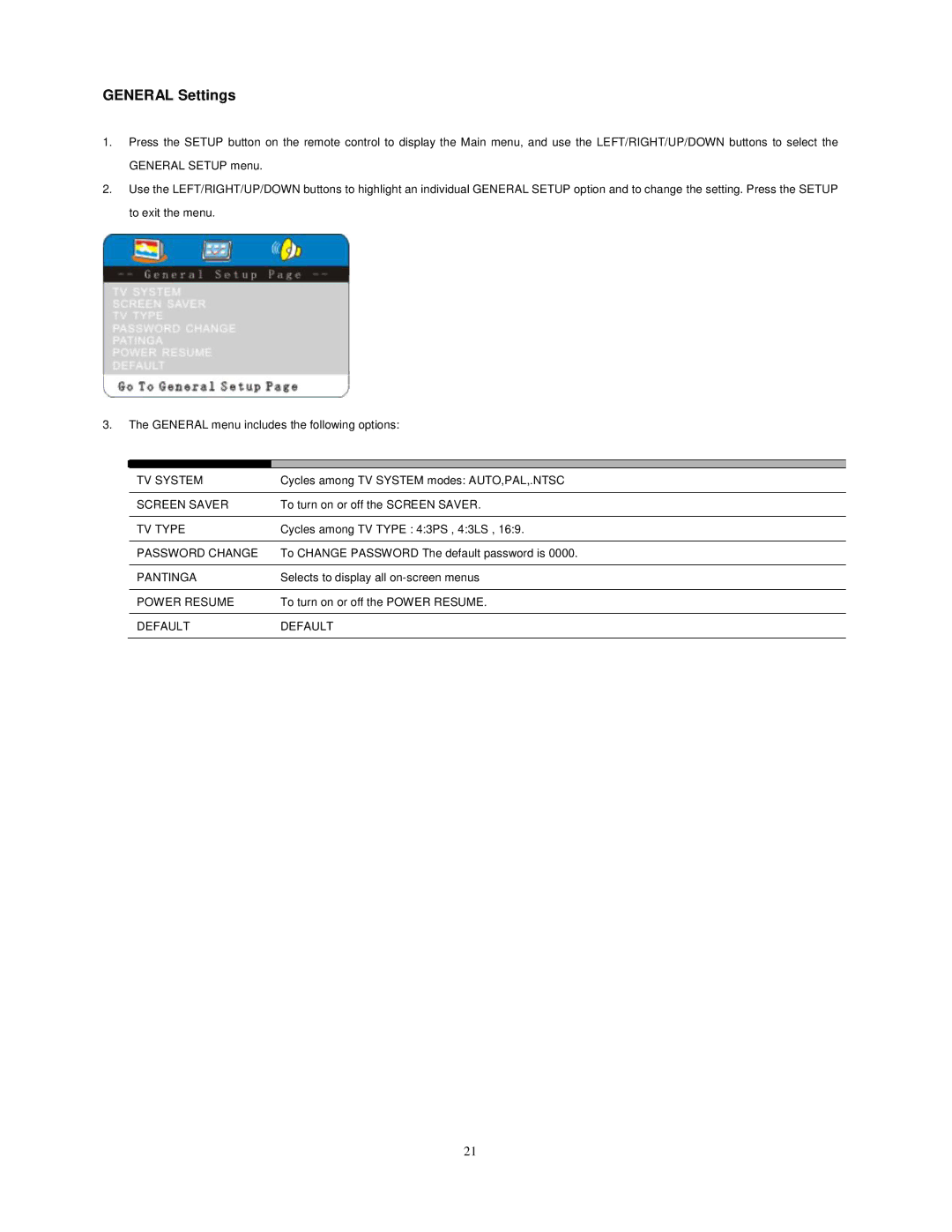 Audiovox FPE1909DVDC manual General Settings 