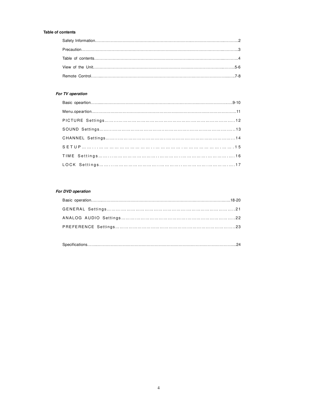 Audiovox FPE1909DVDC manual Table of contents, For TV operation 