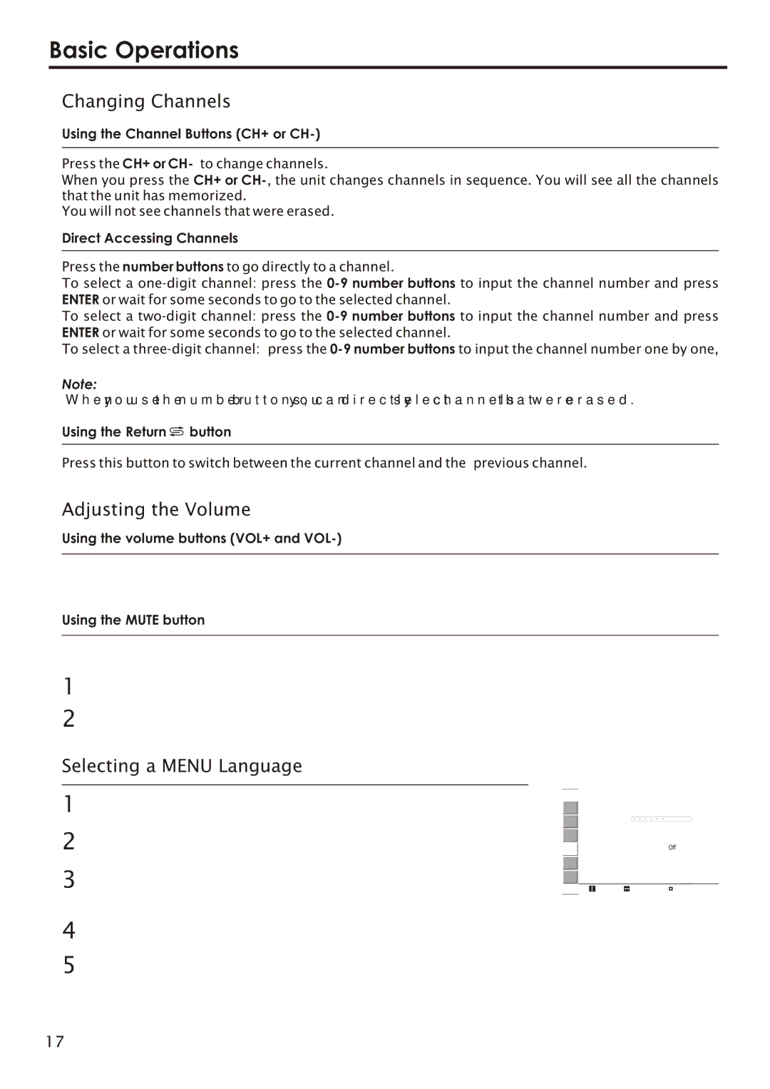 Audiovox FPE2006 manual Basic Operations, Changing Channels, Adjusting the Volume, Selecting a Menu Language 