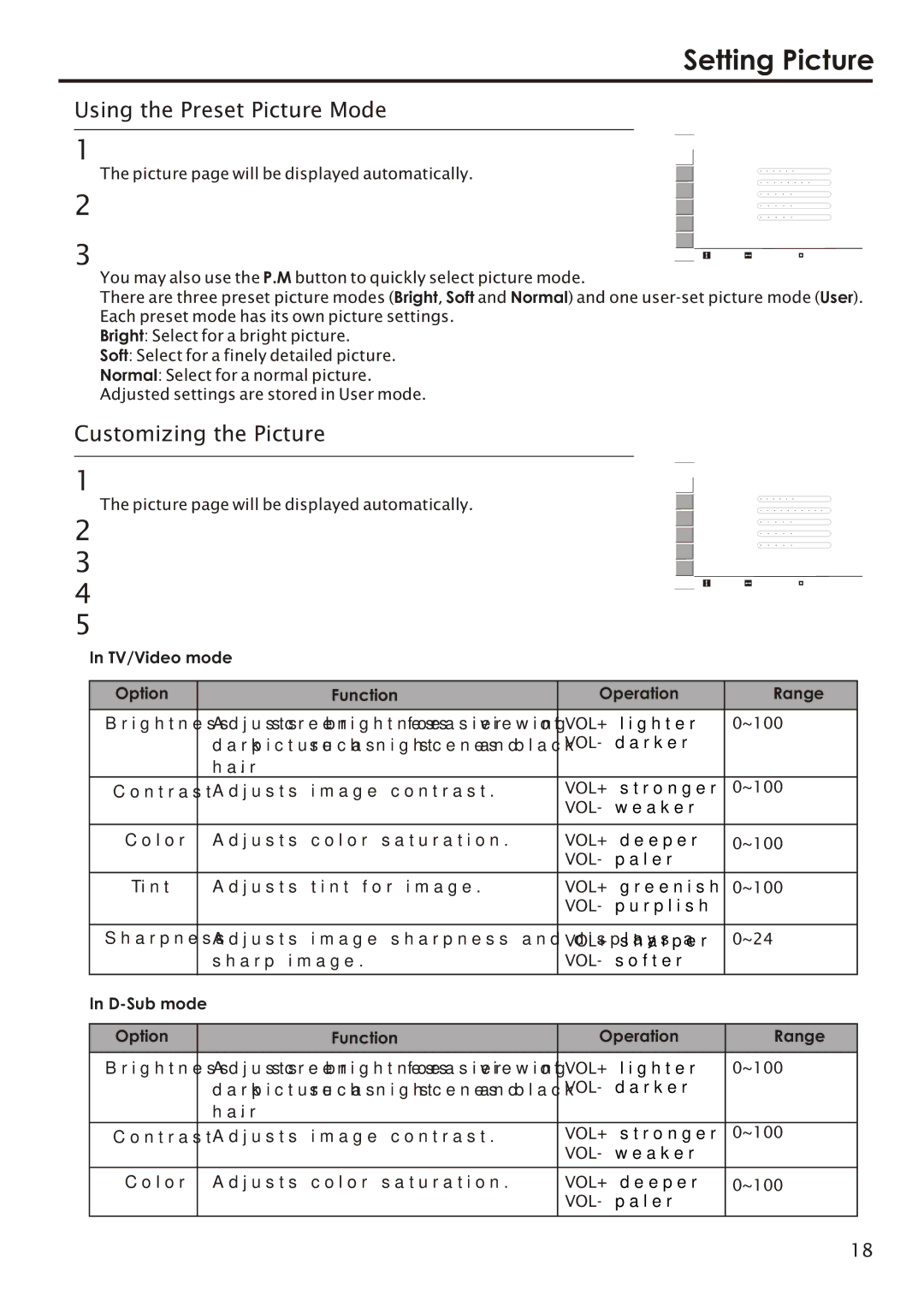 Audiovox FPE2006 manual Setting Picture, Using the Preset Picture Mode, Customizing the Picture 