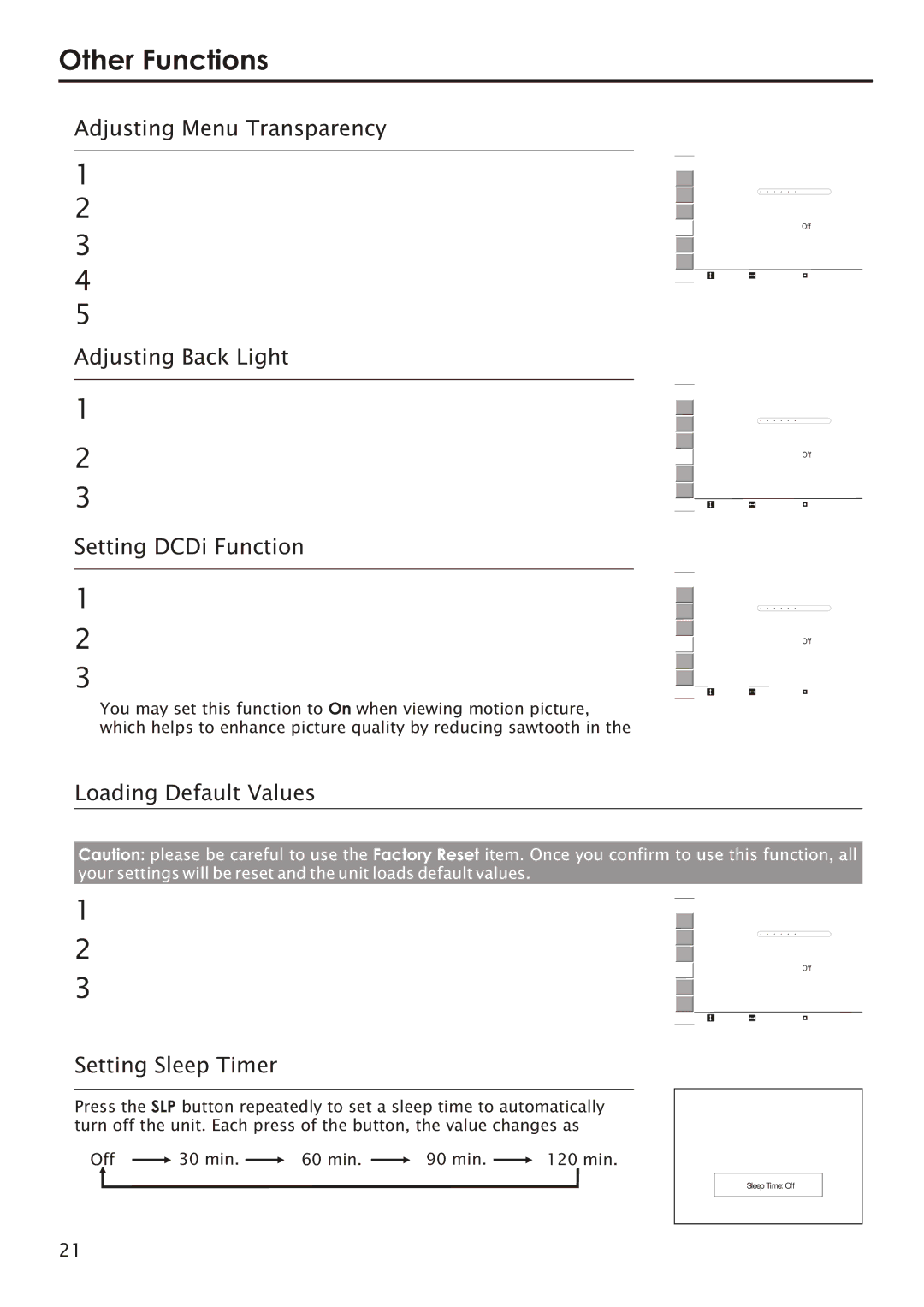 Audiovox FPE2006 manual Other Functions, Loading Default Values, Setting Sleep Timer 