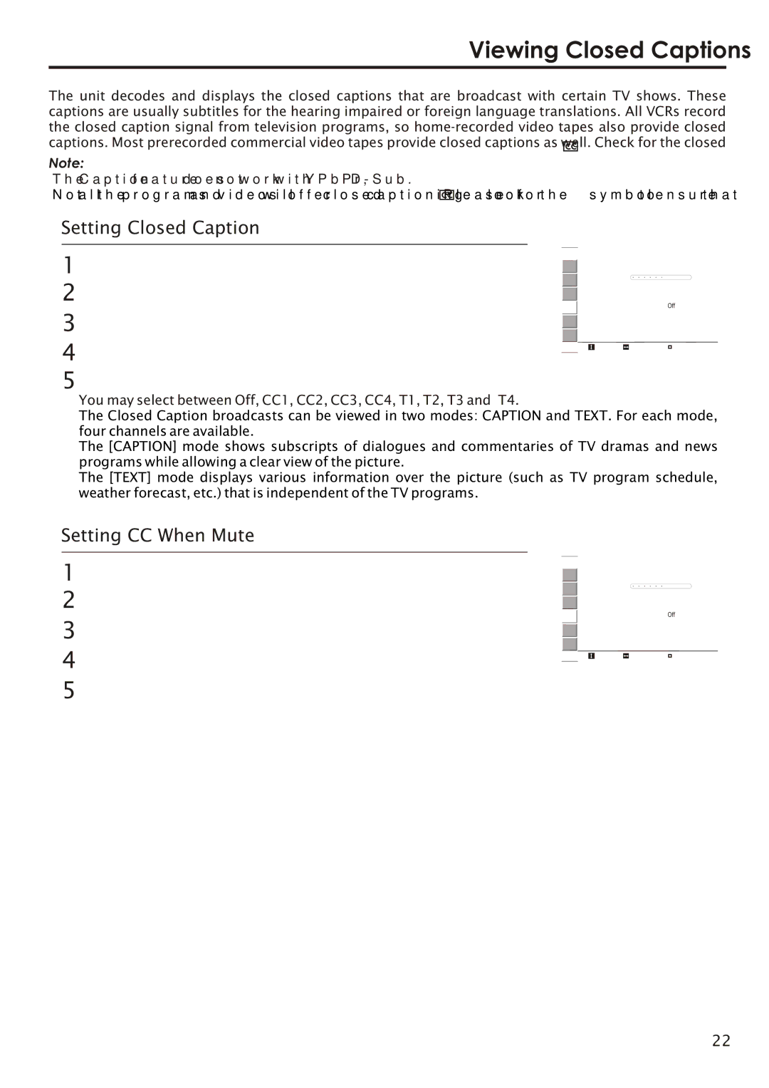 Audiovox FPE2006 manual Viewing Closed Captions, Setting Closed Caption, Setting CC When Mute 