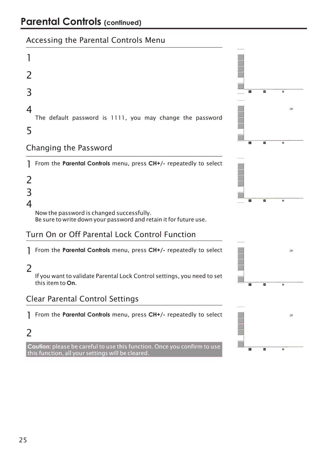 Audiovox FPE2006 manual Accessing the Parental Controls Menu, Changing the Password, Clear Parental Control Settings 