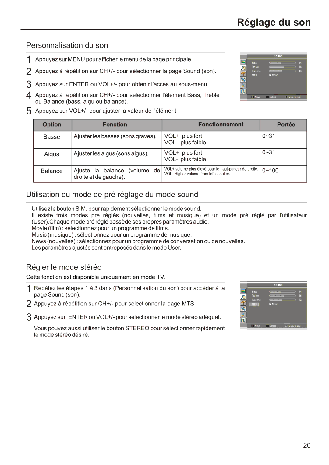 Audiovox FPE2006 manual Réglage du son, Personnalisation du son, Utilisation du mode de pré réglage du mode sound 