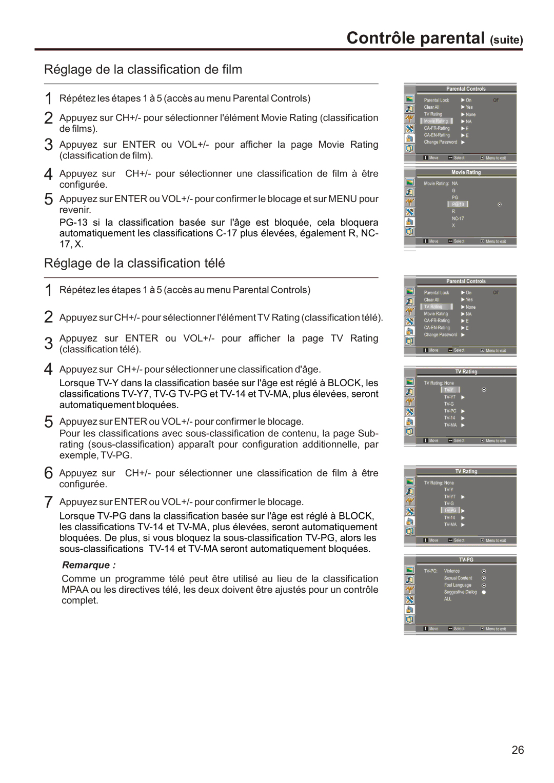 Audiovox FPE2006 manual Réglage de la classification de film, Réglage de la classification télé 