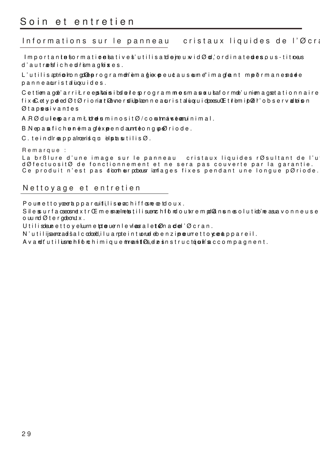 Audiovox FPE2006 Soin et entretien, Informations sur le panneau à cristaux liquides de lécran, Nettoyage et entretien 