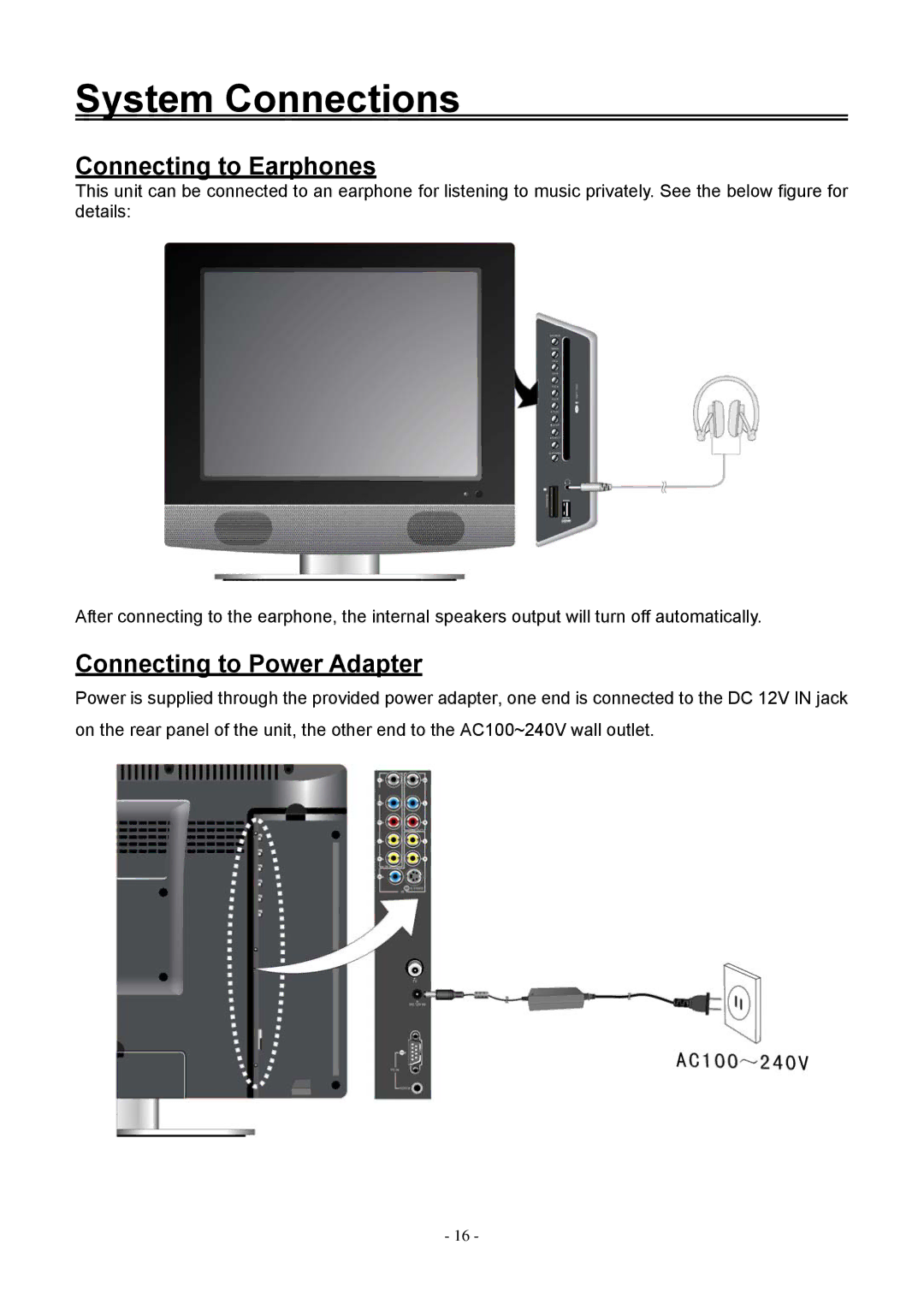 Audiovox FPE2006DV operating instructions Connecting to Earphones, Connecting to Power Adapter 