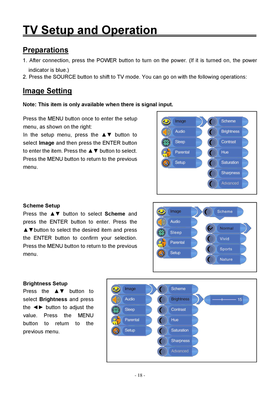 Audiovox FPE2006DV TV Setup and Operation, Preparations, Image Setting, Scheme Setup, Brightness Setup 