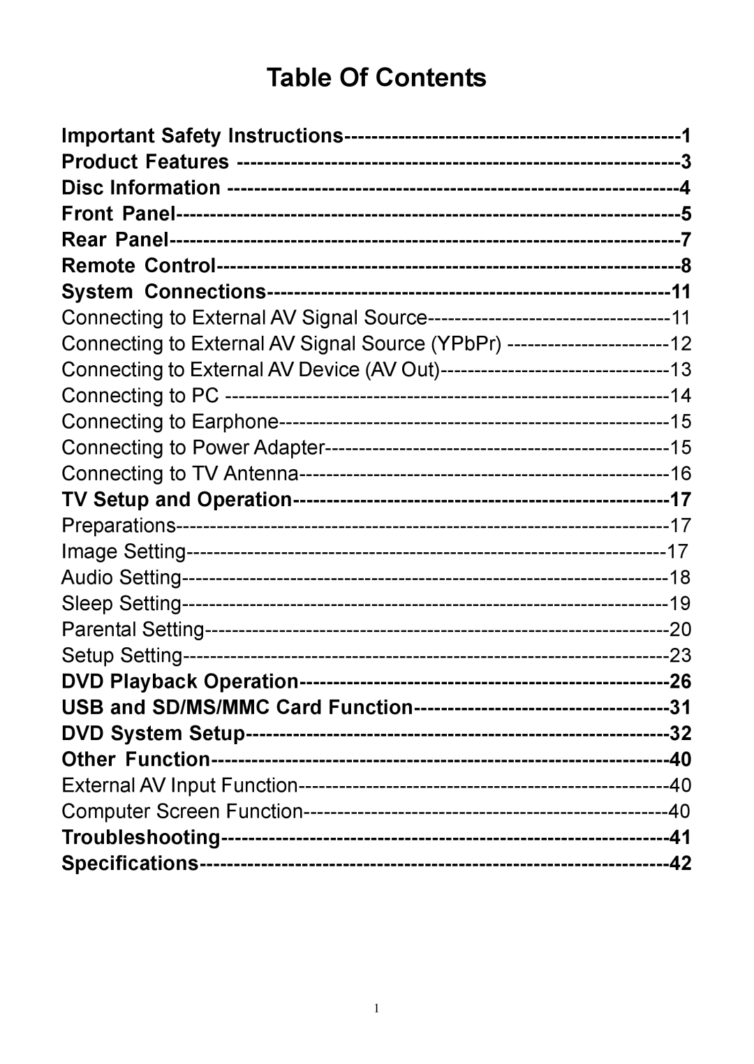 Audiovox FPE2006DV operating instructions Table Of Contents 