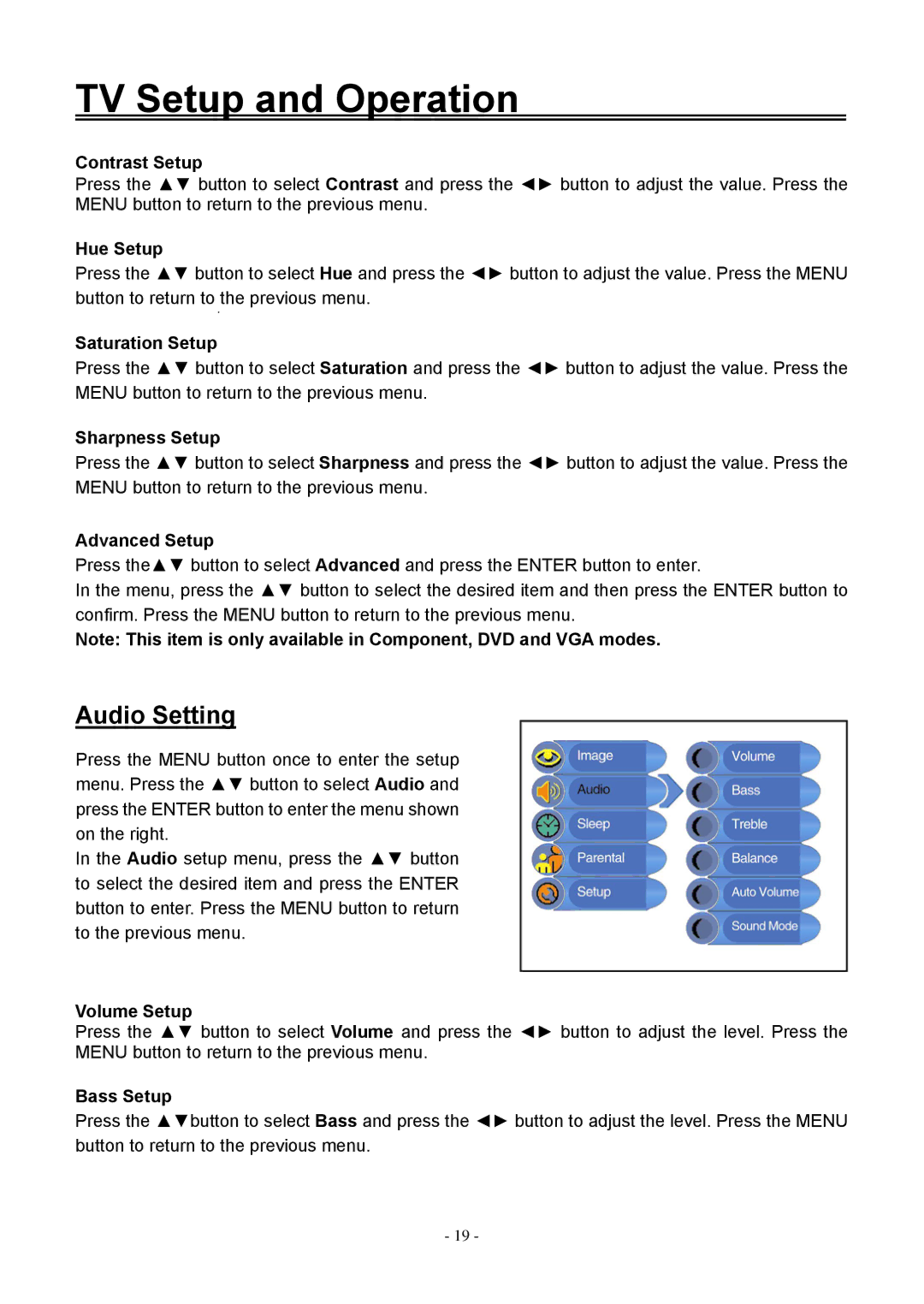 Audiovox FPE2006DV operating instructions Audio Setting 