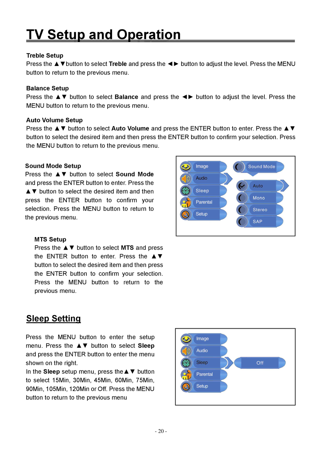 Audiovox FPE2006DV operating instructions Sleep Setting 