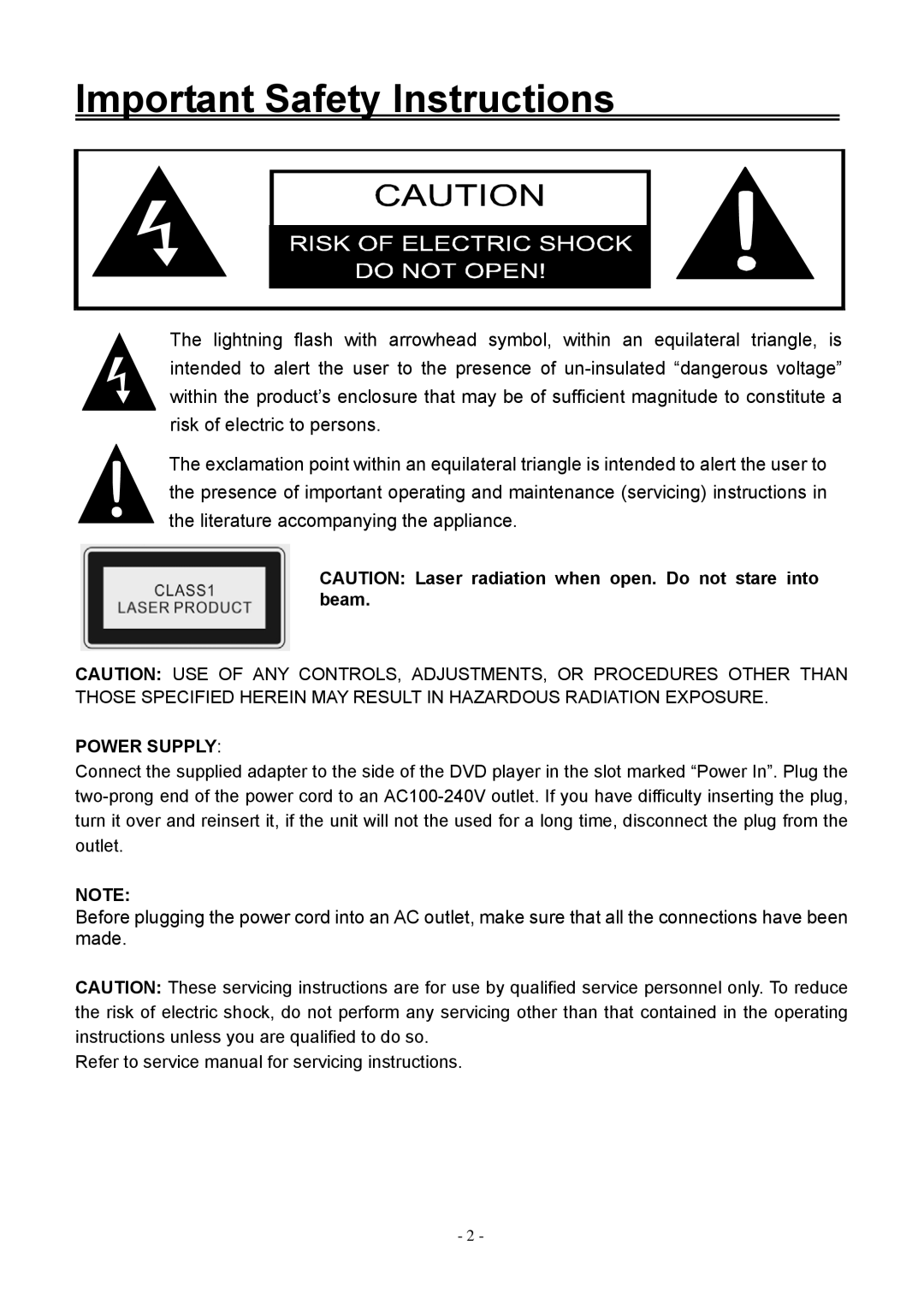 Audiovox FPE2006DV operating instructions Important Safety Instructions, Power Supply 