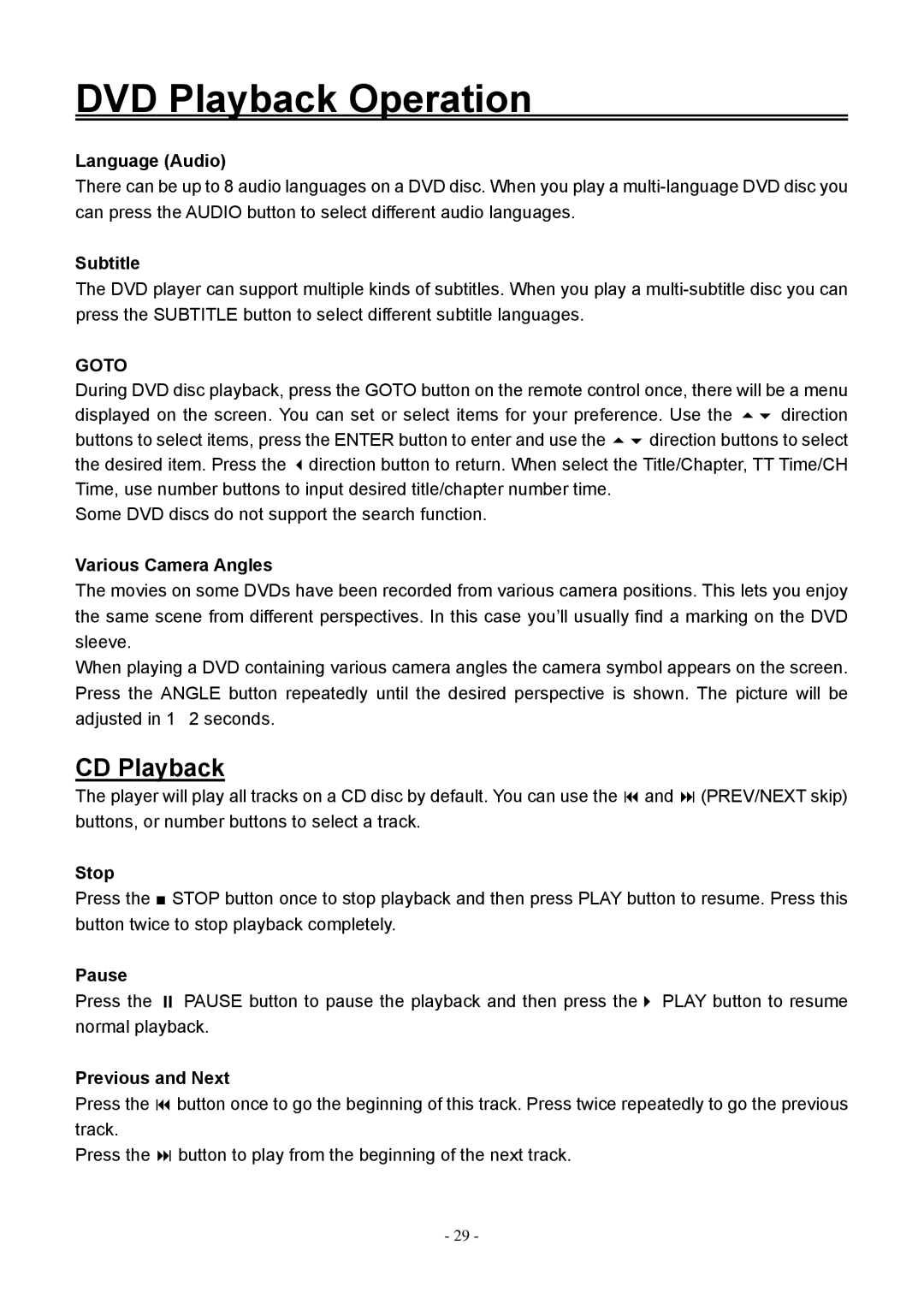 Audiovox FPE2006DV operating instructions CD Playback, Language Audio, Subtitle, Various Camera Angles, Previous and Next 