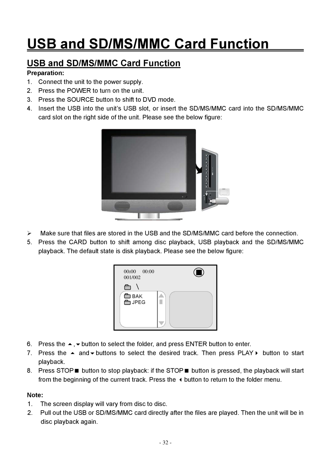 Audiovox FPE2006DV operating instructions USB and SD/MS/MMC Card Function, Preparation 