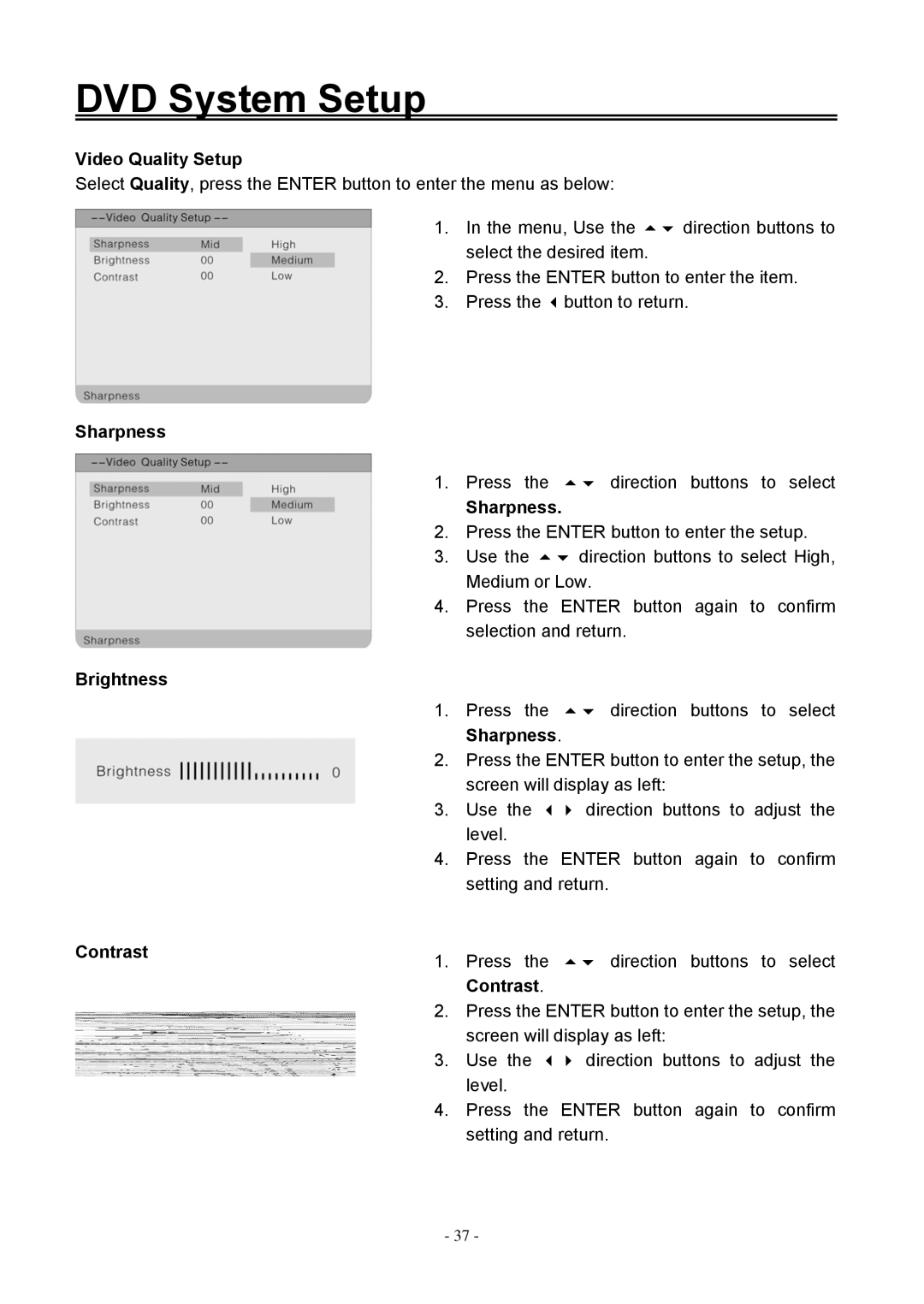 Audiovox FPE2006DV operating instructions Video Quality Setup, Sharpness, Brightness, Contrast 