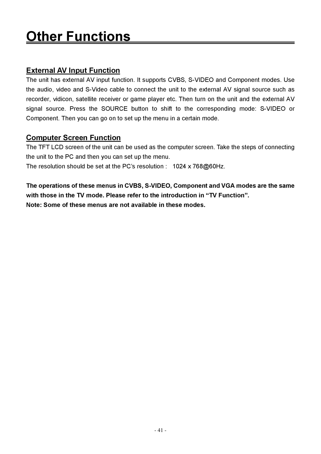 Audiovox FPE2006DV operating instructions Other Functions, External AV Input Function 