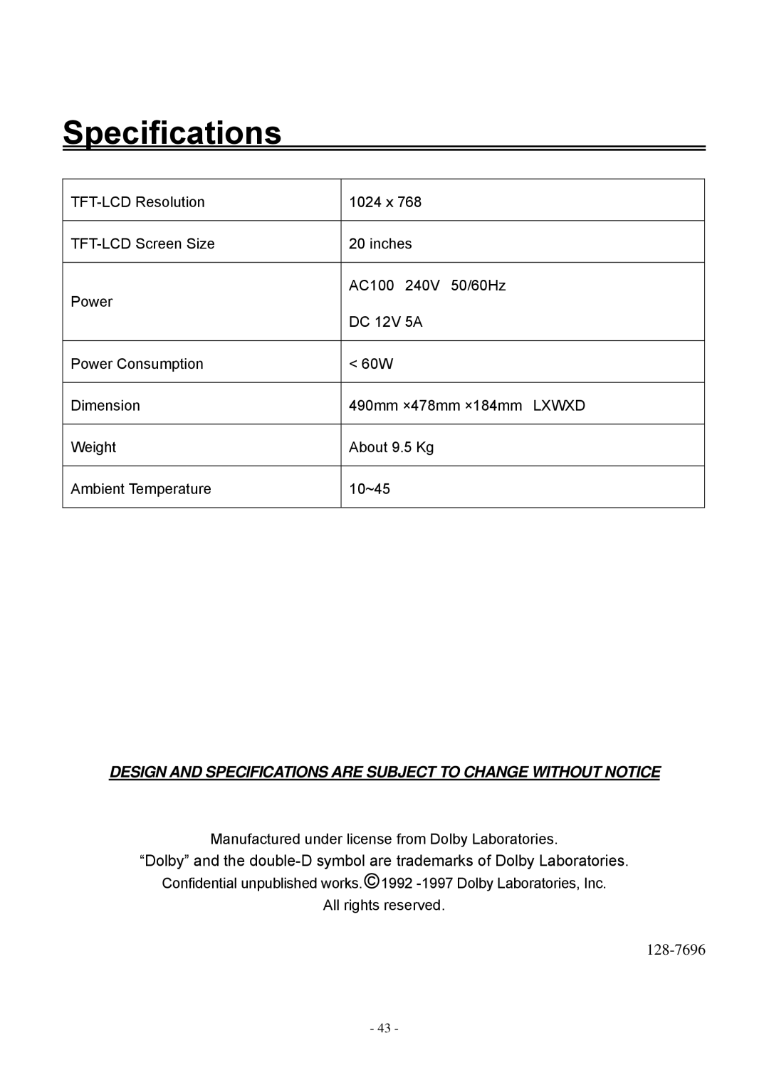 Audiovox FPE2006DV operating instructions Specifications 