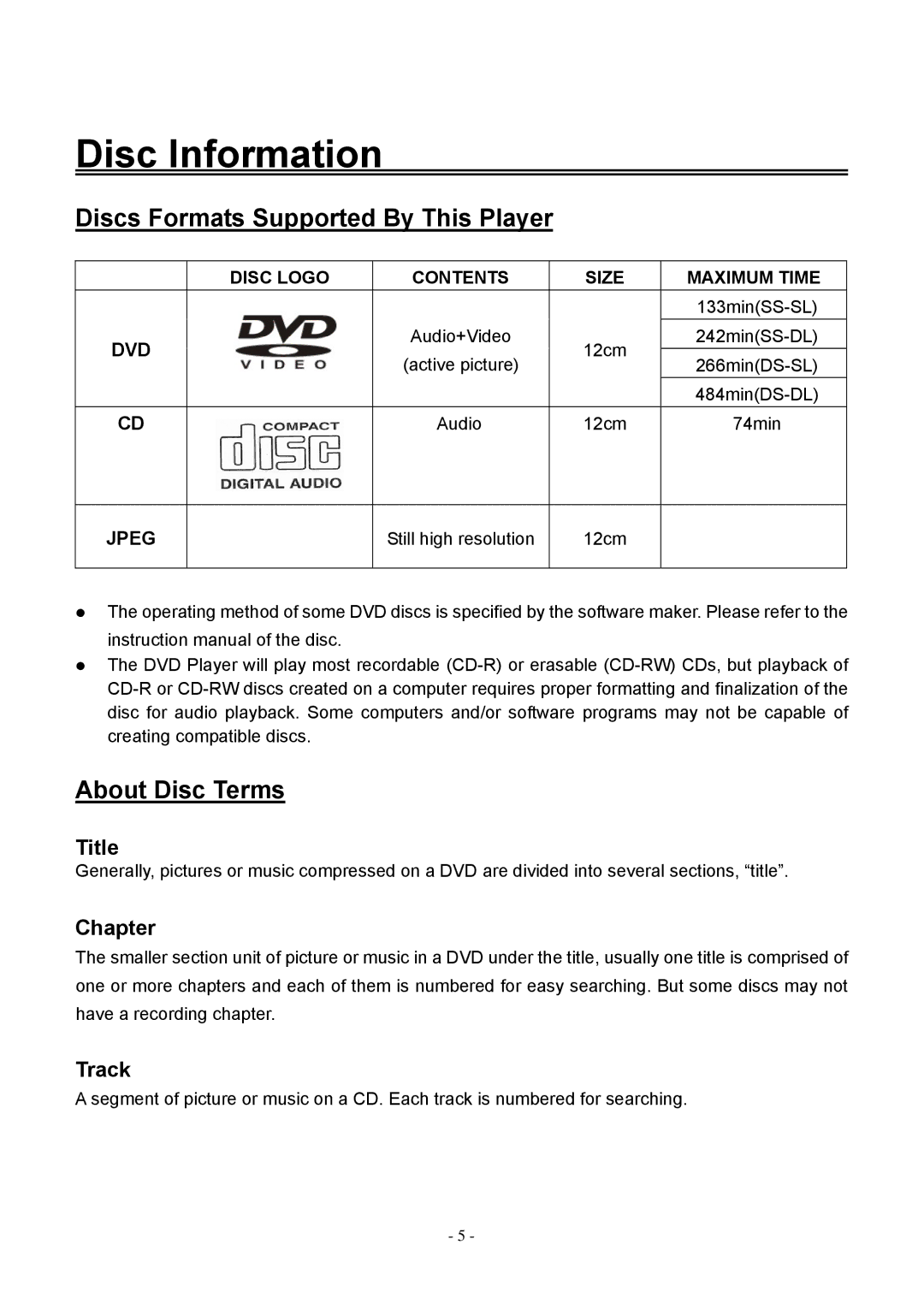 Audiovox FPE2006DV operating instructions Disc Information, Discs Formats Supported By This Player, About Disc Terms 