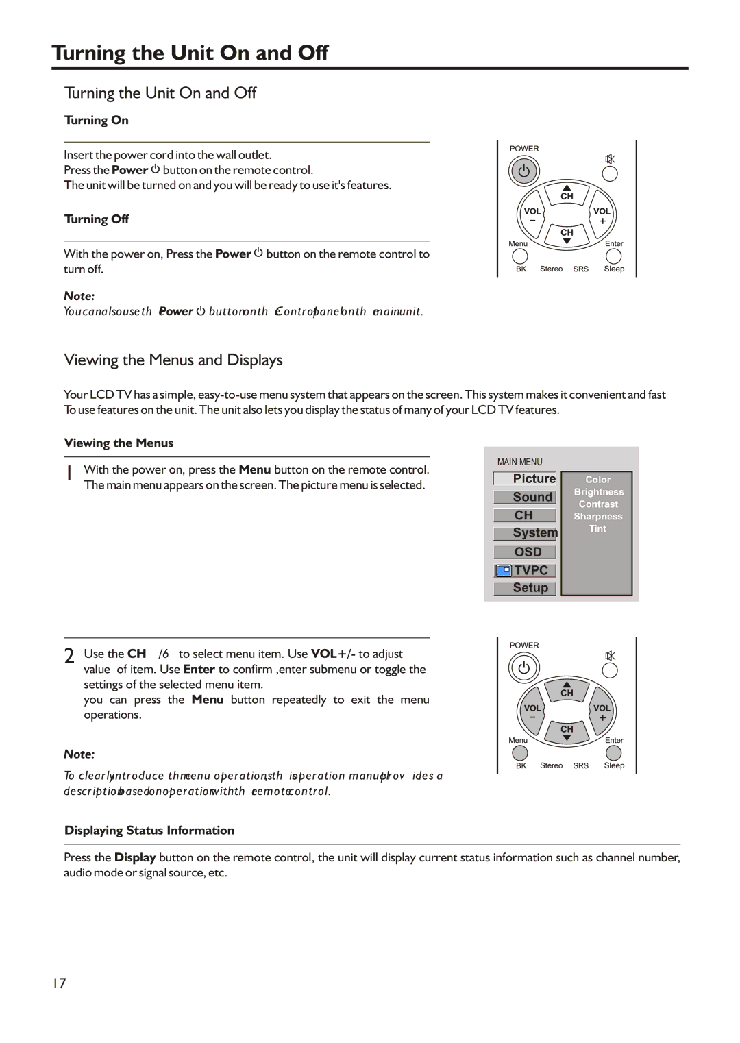 Audiovox FPE2305 manual Turning the Unit On and Off, Viewing the Menus and Displays 