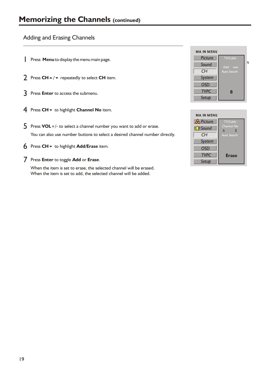 Audiovox FPE2305 manual Adding and Erasing Channels, Erase 