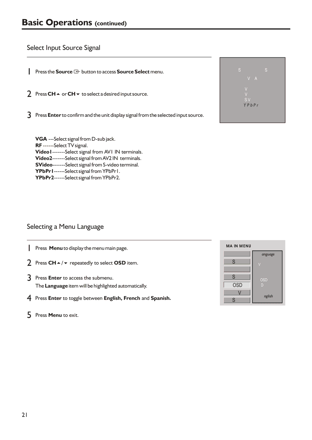 Audiovox FPE2305 manual Select Input Source Signal, Selecting a Menu Language, Vga 