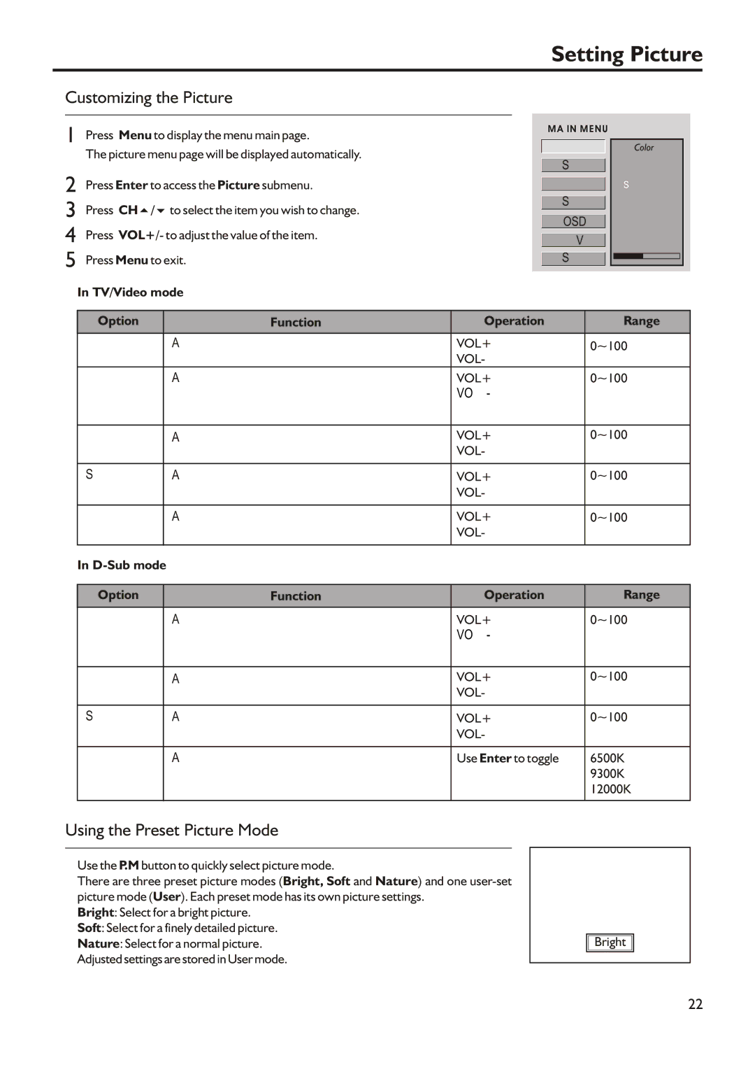 Audiovox FPE2305 manual Setting Picture, Customizing the Picture, Using the Preset Picture Mode 