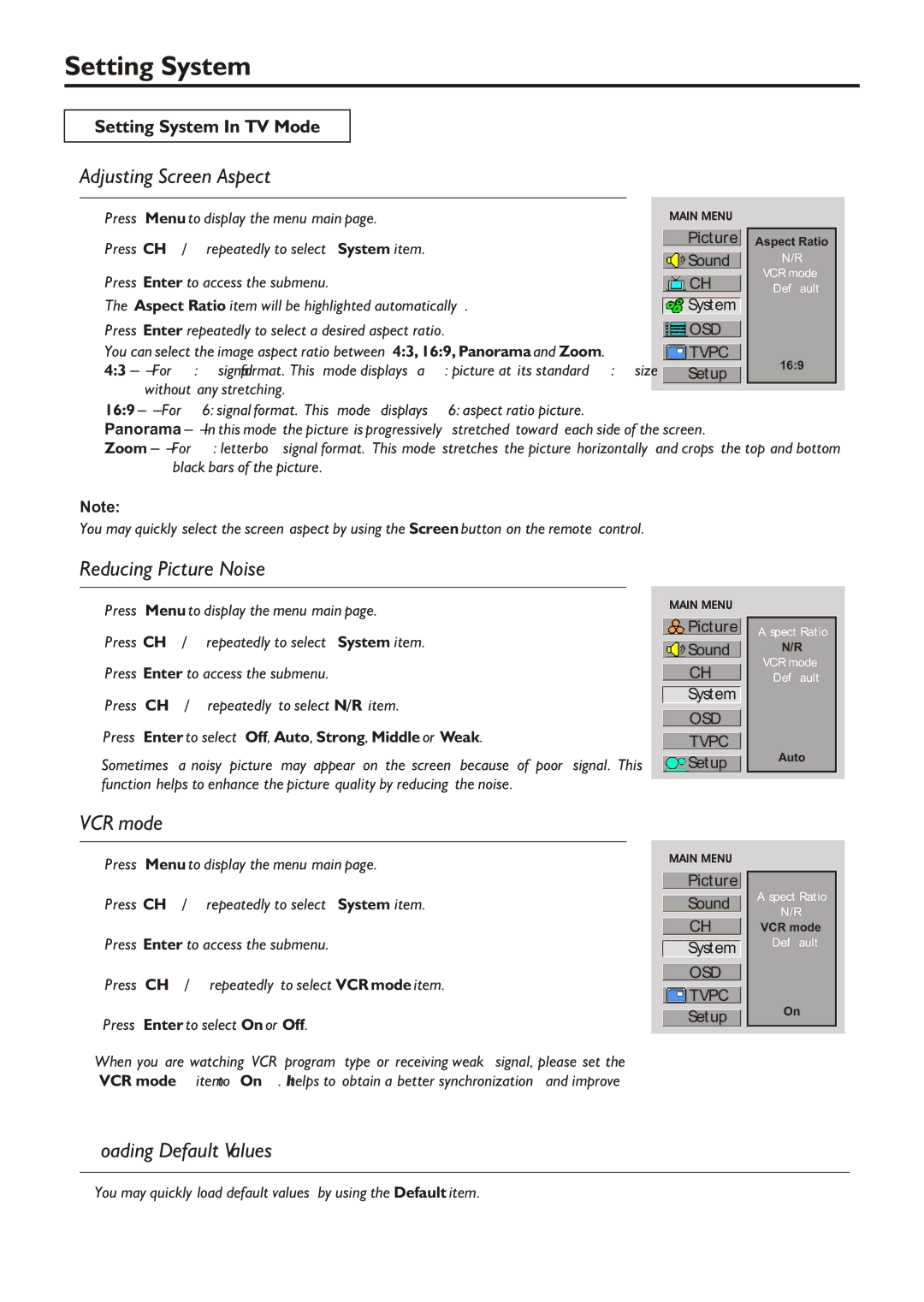 Audiovox FPE2305 manual Setting System, Adjusting Screen Aspect, Reducing Picture Noise, VCR mode, Loading Default Values 