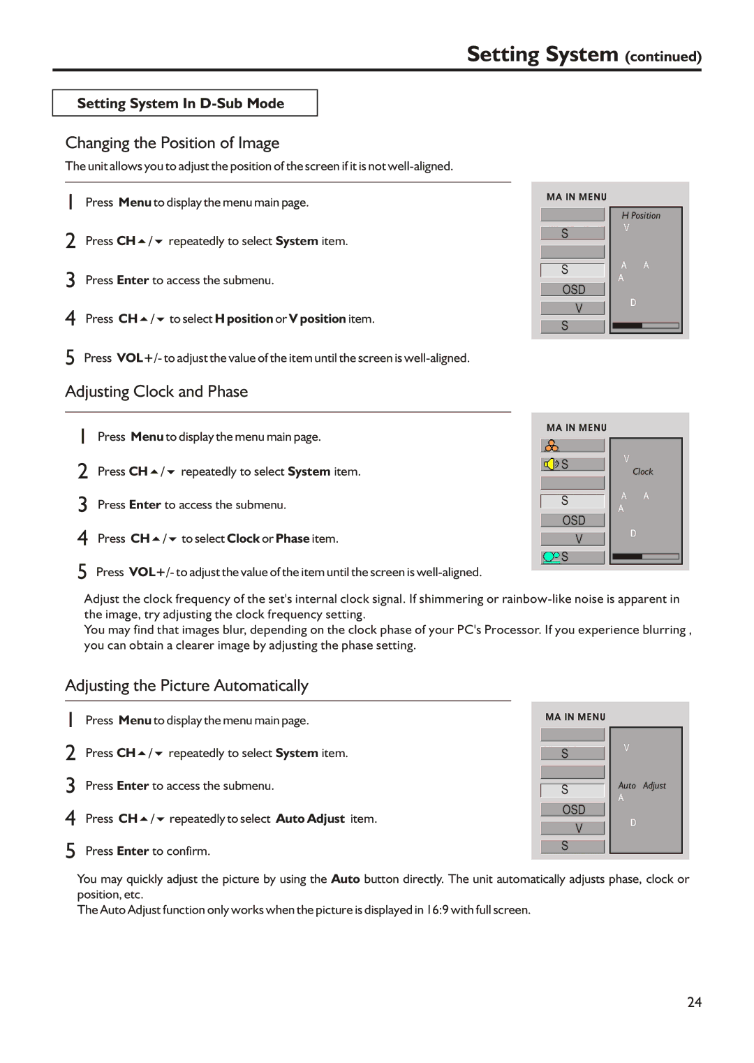 Audiovox FPE2305 manual Changing the Position of Image, Adjusting Clock and Phase, Adjusting the Picture Automatically 