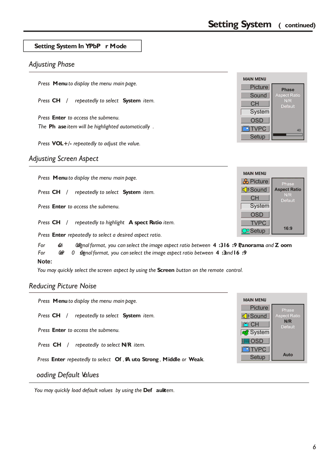 Audiovox FPE2305 manual Adjusting Phase, Setting System In YPbPr Mode, Press VOL+/- repeatedly to adjust the value 