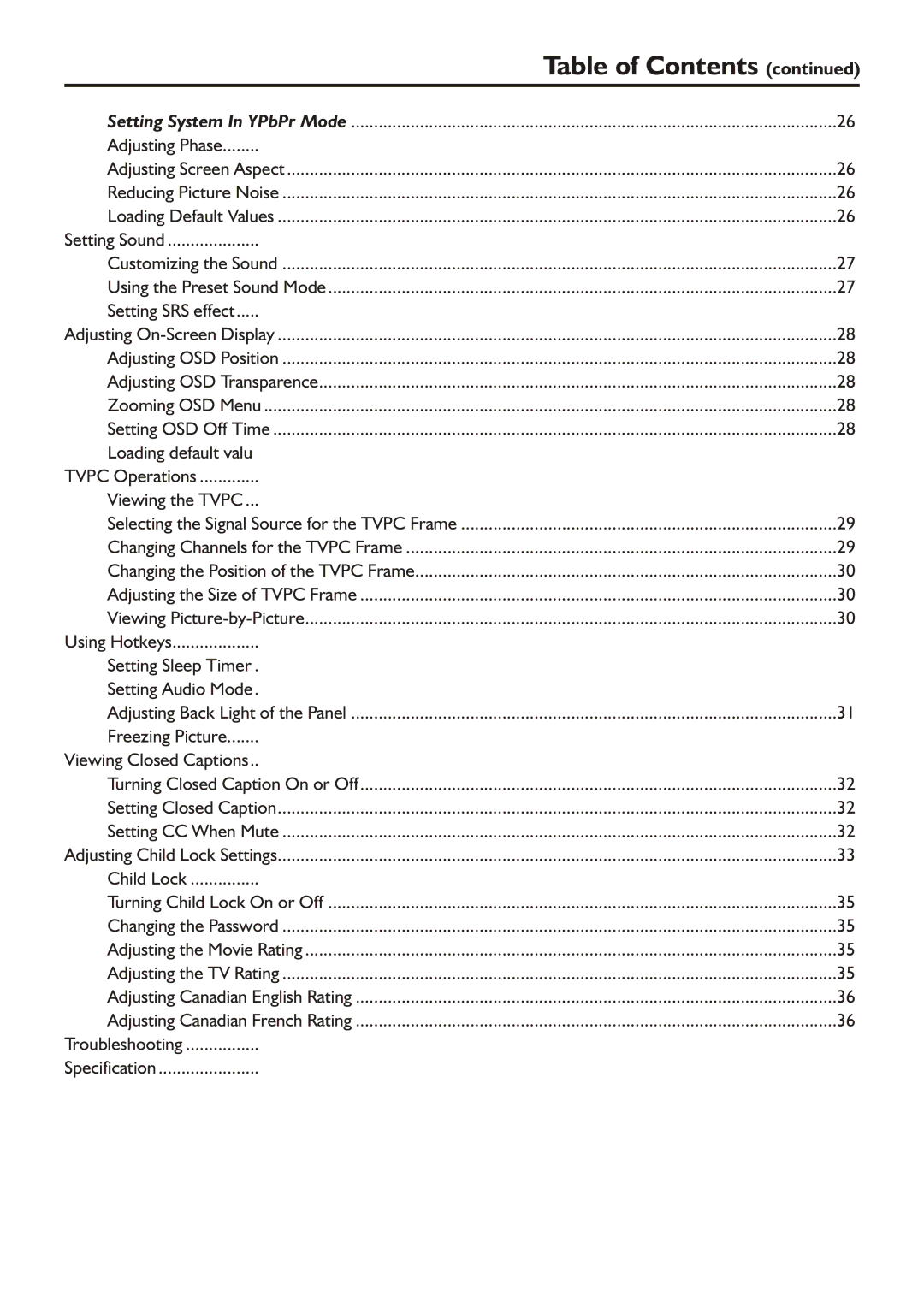 Audiovox FPE2305 manual Table of Contents 