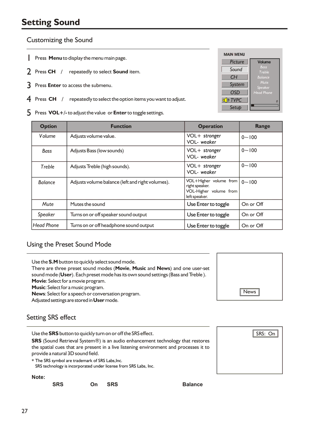 Audiovox FPE2305 manual Setting Sound, Customizing the Sound, Using the Preset Sound Mode, Setting SRS effect 